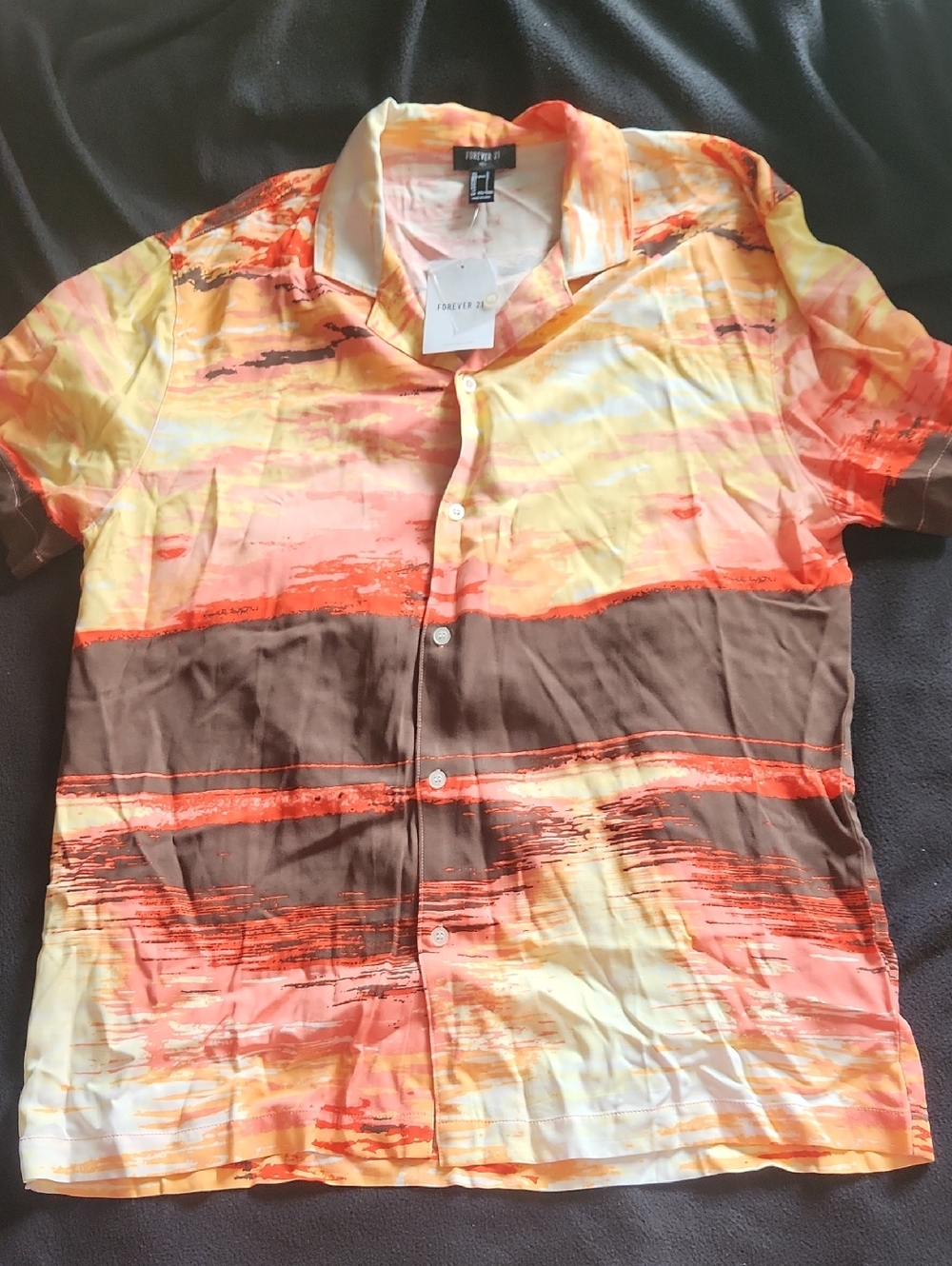 Forever 21 Men's Short Sleeve Button-Up Shirt - Yellow, Orange & Brown